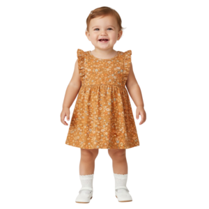 Vestido bebê cavado com babado florzinhas caramelo