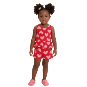 Conjunto Regata Babado e Shorts Corações Vermelho